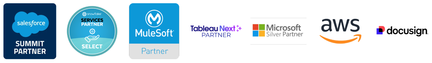 Collection of partner logos including Salesforce, Snowflake, MuleSoft, Tableau, Microsoft, AWS, and Docusign.