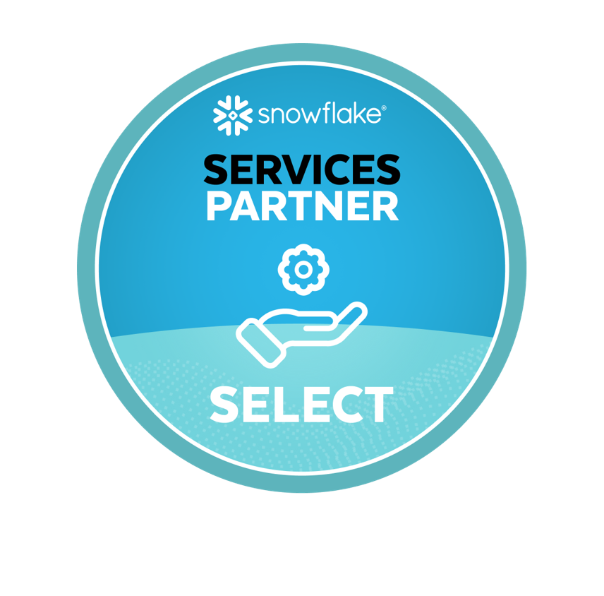 Snowflake services partner badge with a hand and gear icon on a blue circular background.