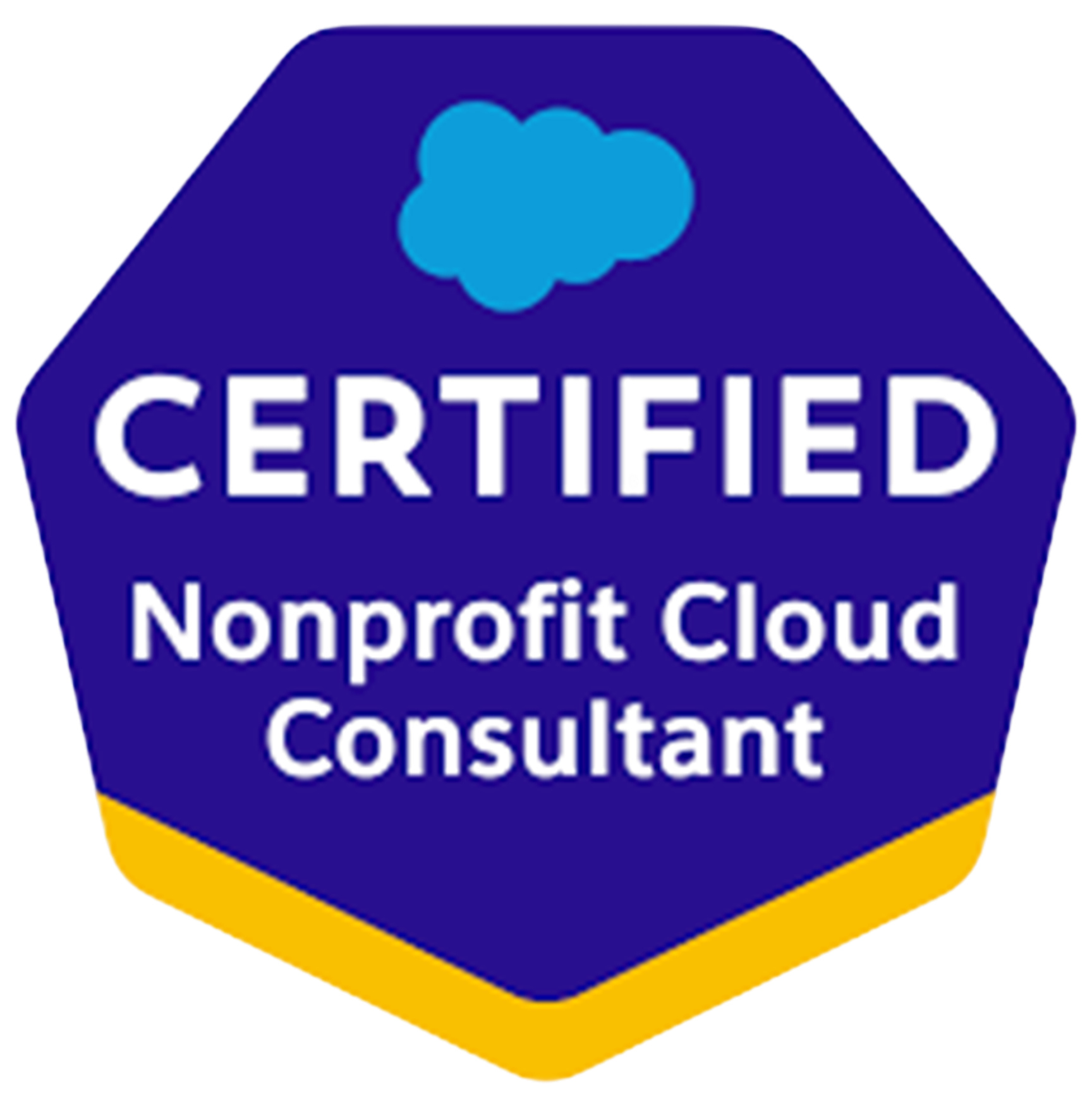 Hexagonal badge with a blue cloud icon at the top, the word 'CERTIFIED' in large white letters in the center, and 'Nonprofit Cloud Consultant' written below on a blue background with a yellow bottom border.