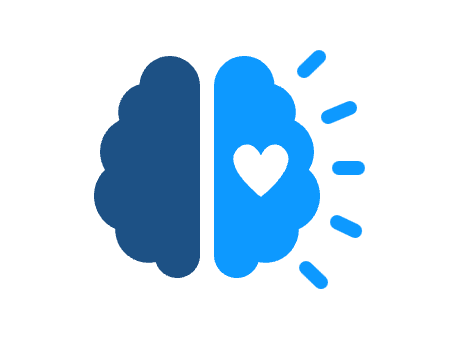 A graphic illustration of a brain with a heart symbol, split into two halves, one side dark blue and the other light blue with rays and sparkles indicating brightness or insight.