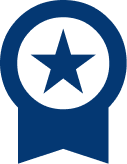 A blue award ribbon with a star in the center.
