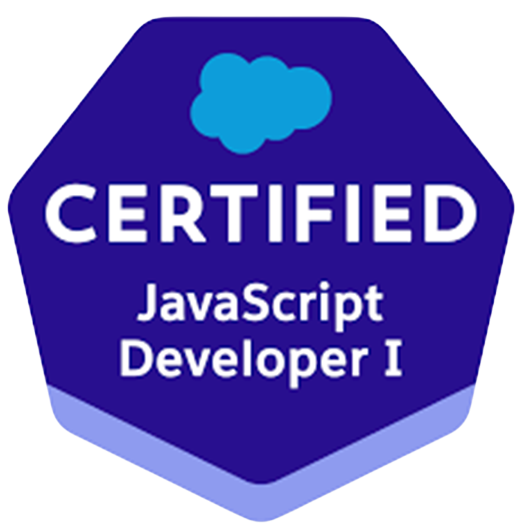 Certified JavaScript Developer I badge with a blue cloud icon on top.