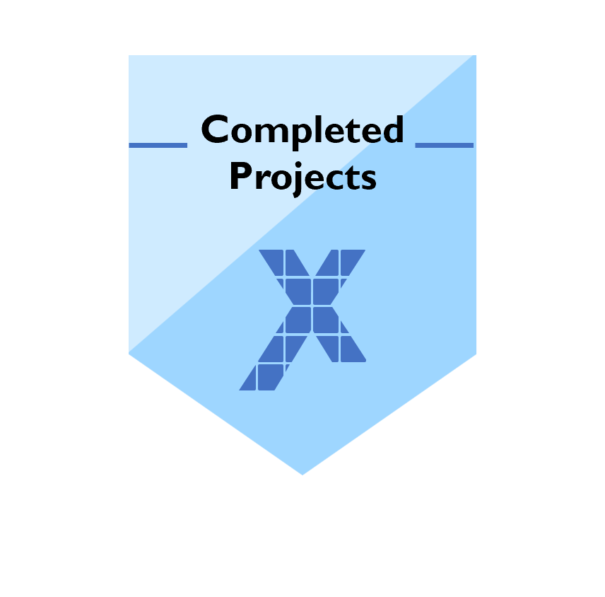 A blue badge with the words "Completed Projects" and a stylized mosaic letter "X" logo