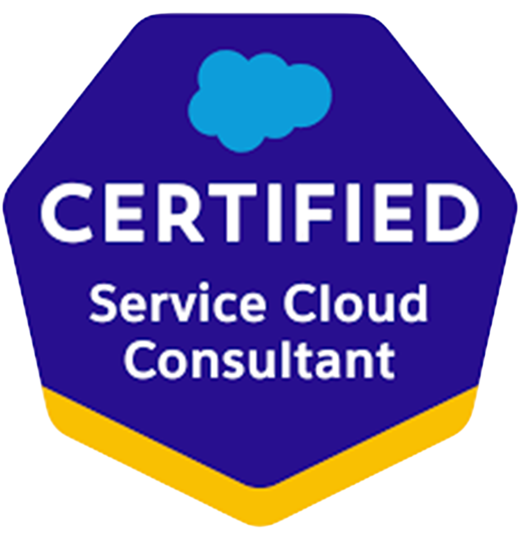 Blue octagonal badge with a cloud icon at the top, the word 'CERTIFIED' in large white letters, and the text 'Service Cloud Consultant' below.