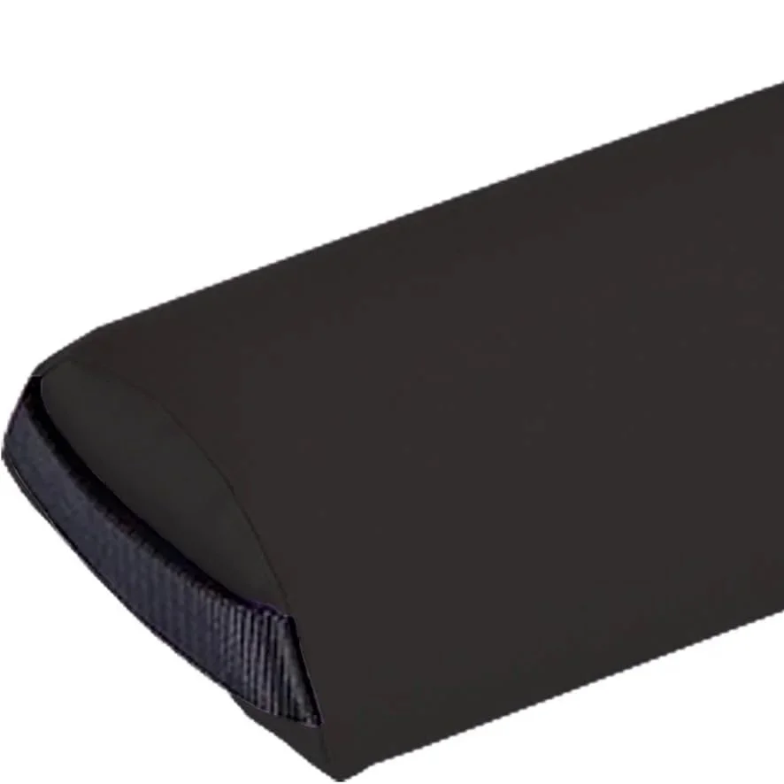 Close-up of a black wireless computer mouse, showing the left side and part of the top surface.