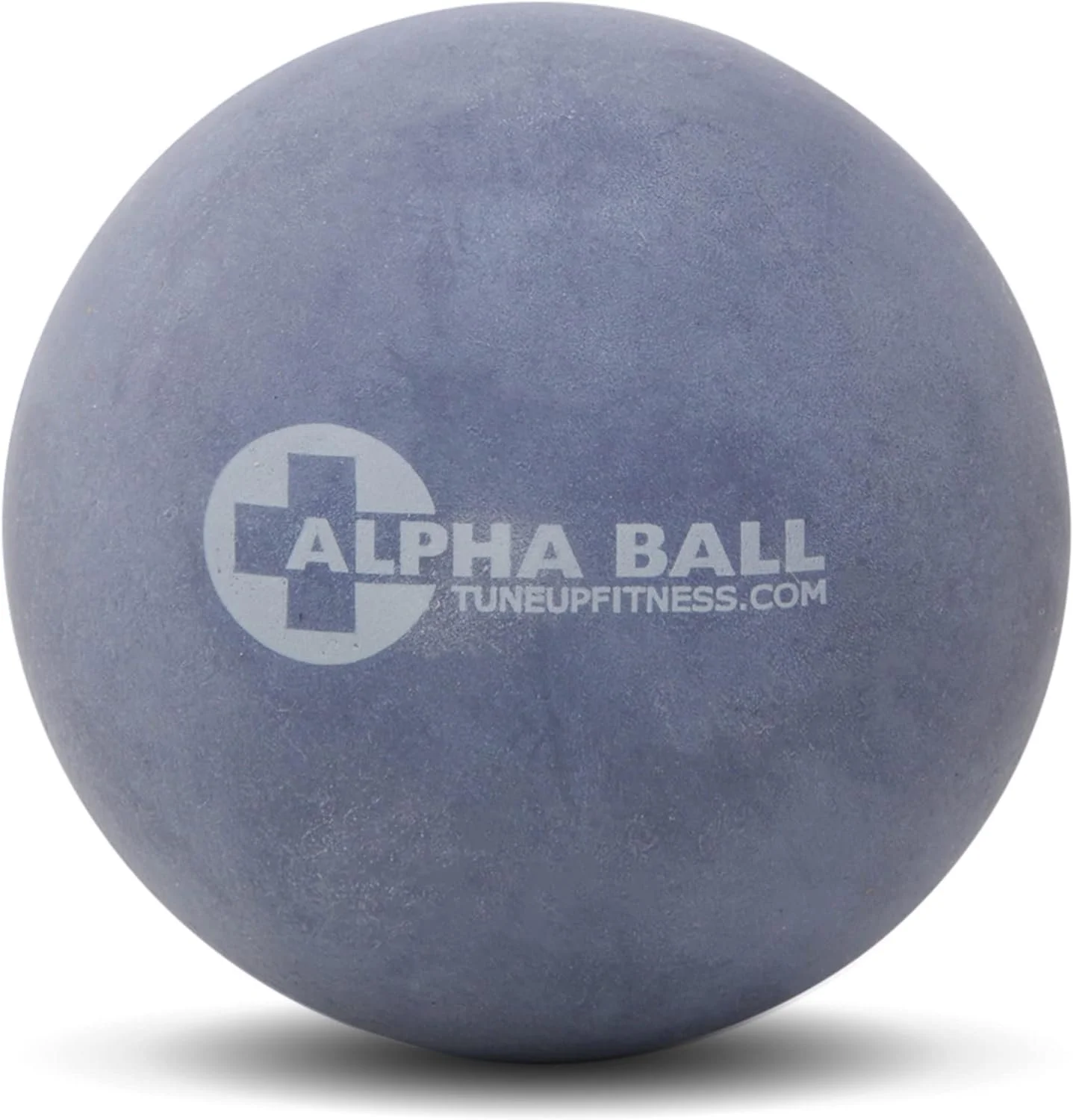A blue exercise ball with the logo and website 'ALPHA BALL TUNEUPFITNESS.COM' printed on it.