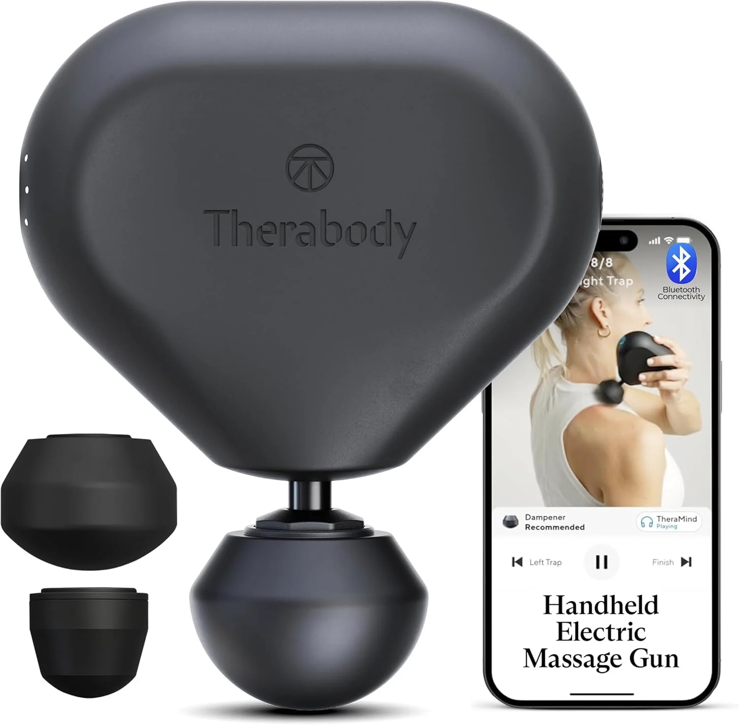 A handheld electric massage gun with a black heart-shaped case labeled 'Therabody', along with additional attachments, and a smartphone displaying a woman using the massage gun with Bluetooth connectivity.