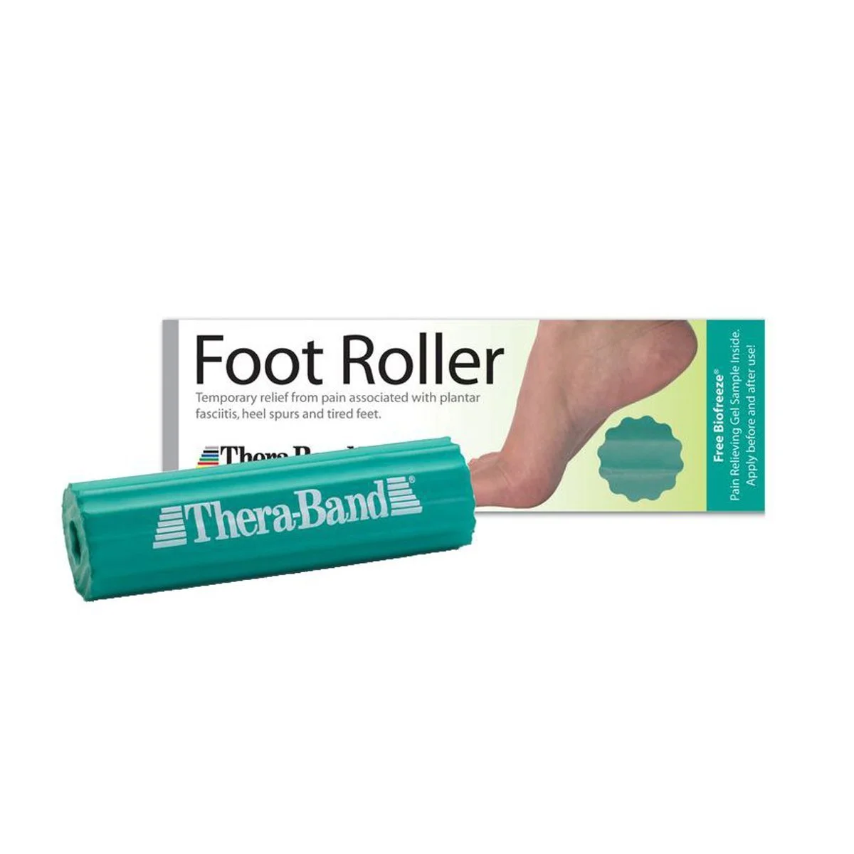 A foot roller device with a blue textured cylinder in front of its packaging, which displays an image of a foot and describes relief for plantar fasciitis, heel spurs, and tired feet.