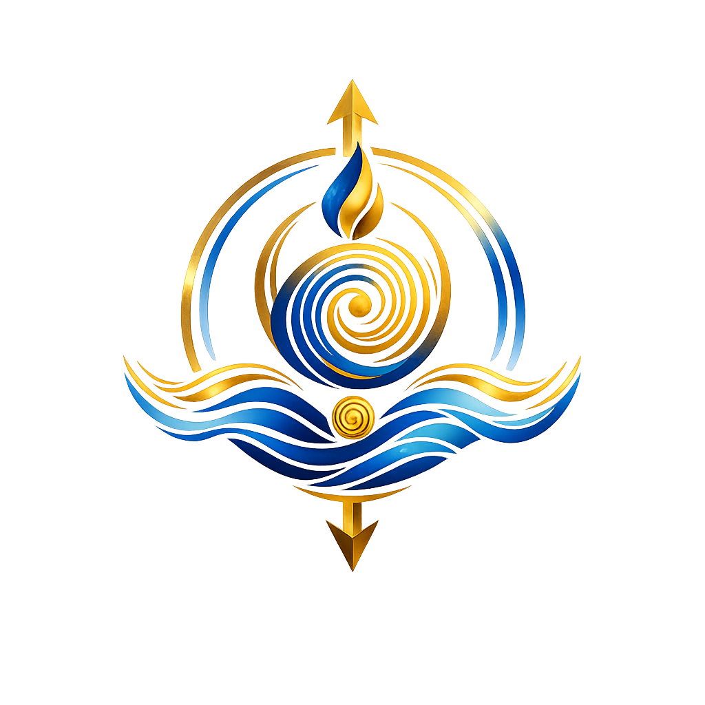 A stylized emblem featuring a gold and blue spiral with an flame at the top, surrounded by blue waves, and a gold downward arrow at the bottom.