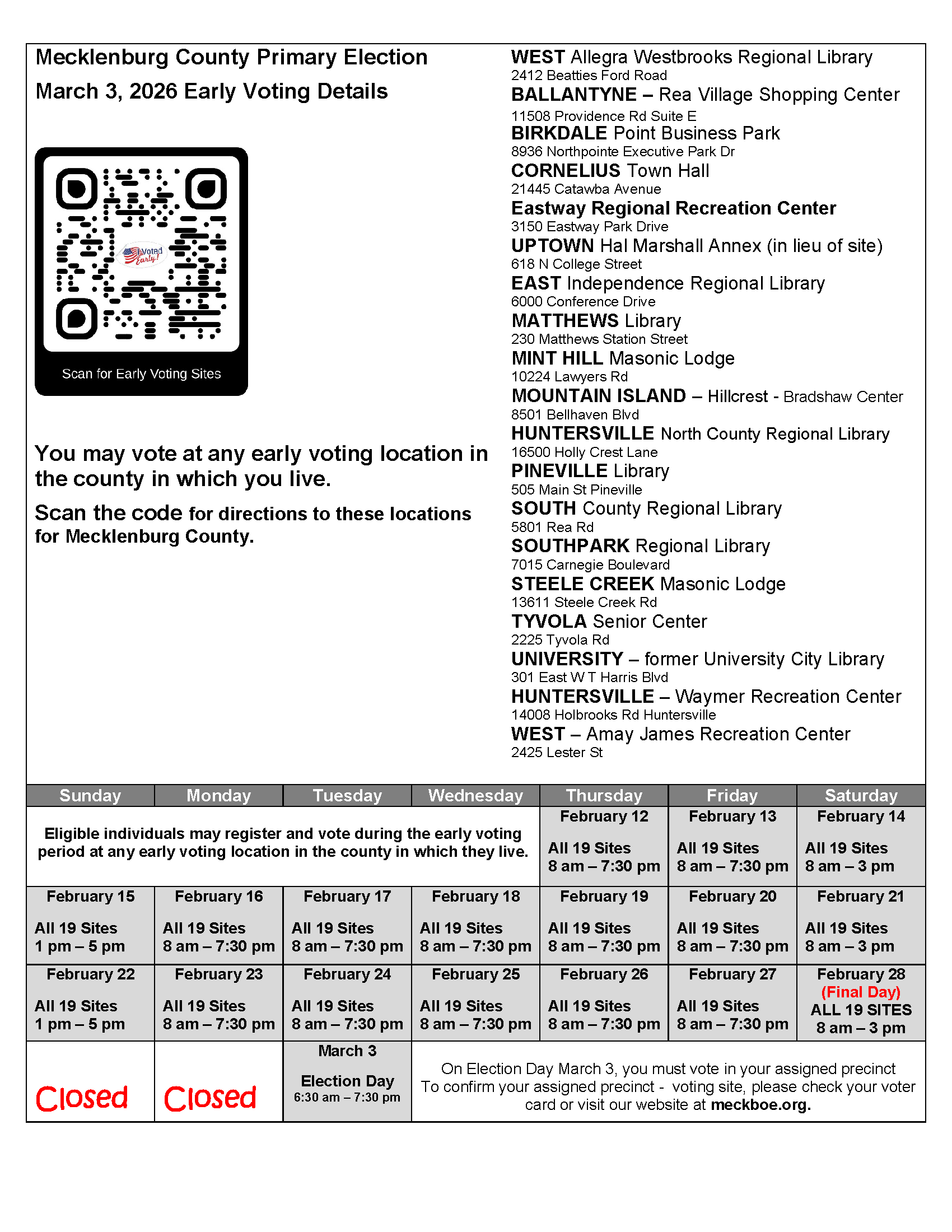 Mecklenburg County primary election early voting details and schedule for 2026, listing various voting locations, dates, and times, with a QR code for directions.