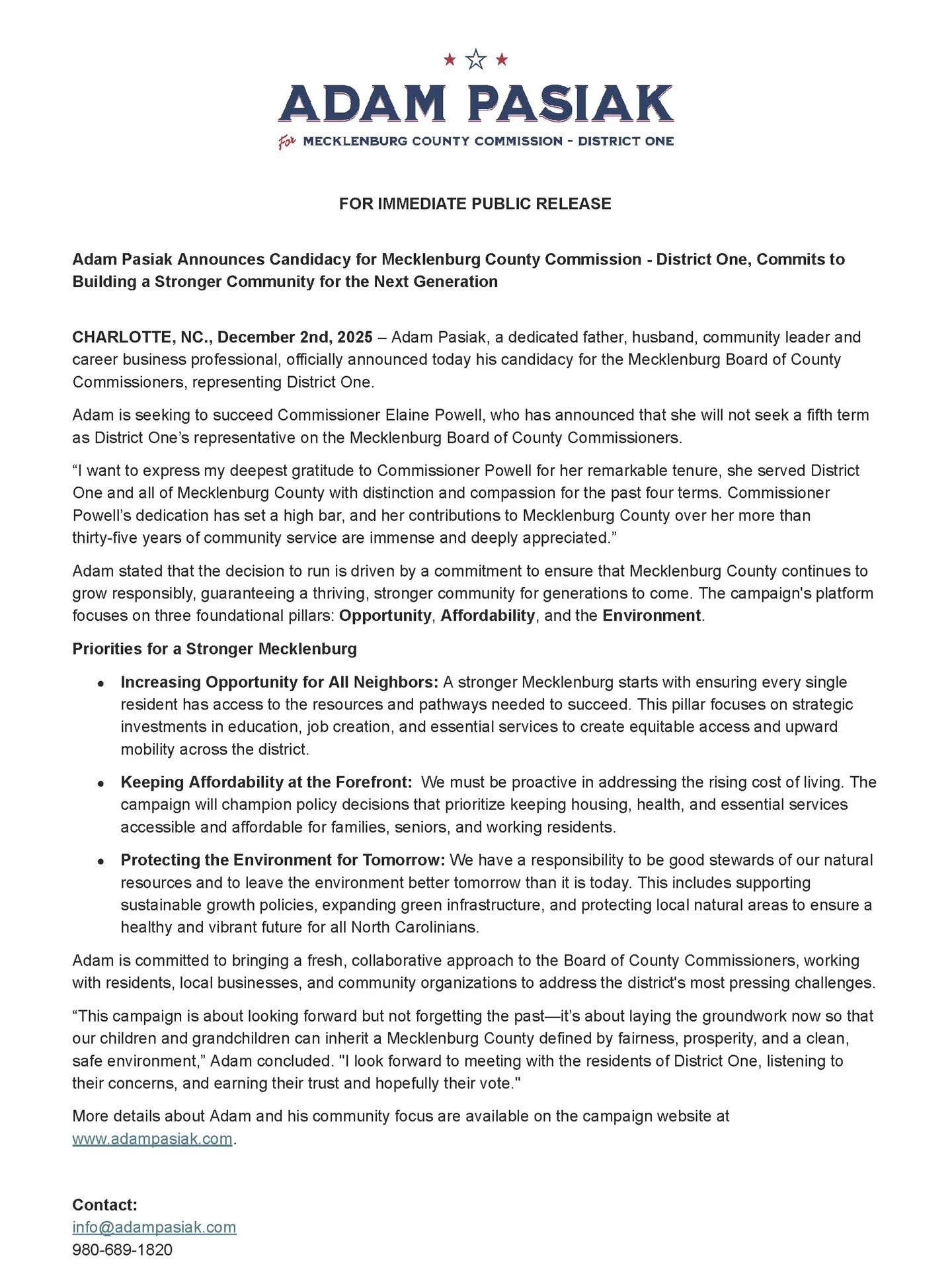 I'm excited to announce that today, with my biggest supporter at my side, I officially filed to run for Mecklenburg Board of County Commissioners - District One!
I want to start off by thanking current District One Commissioner, Elaine Powell for her