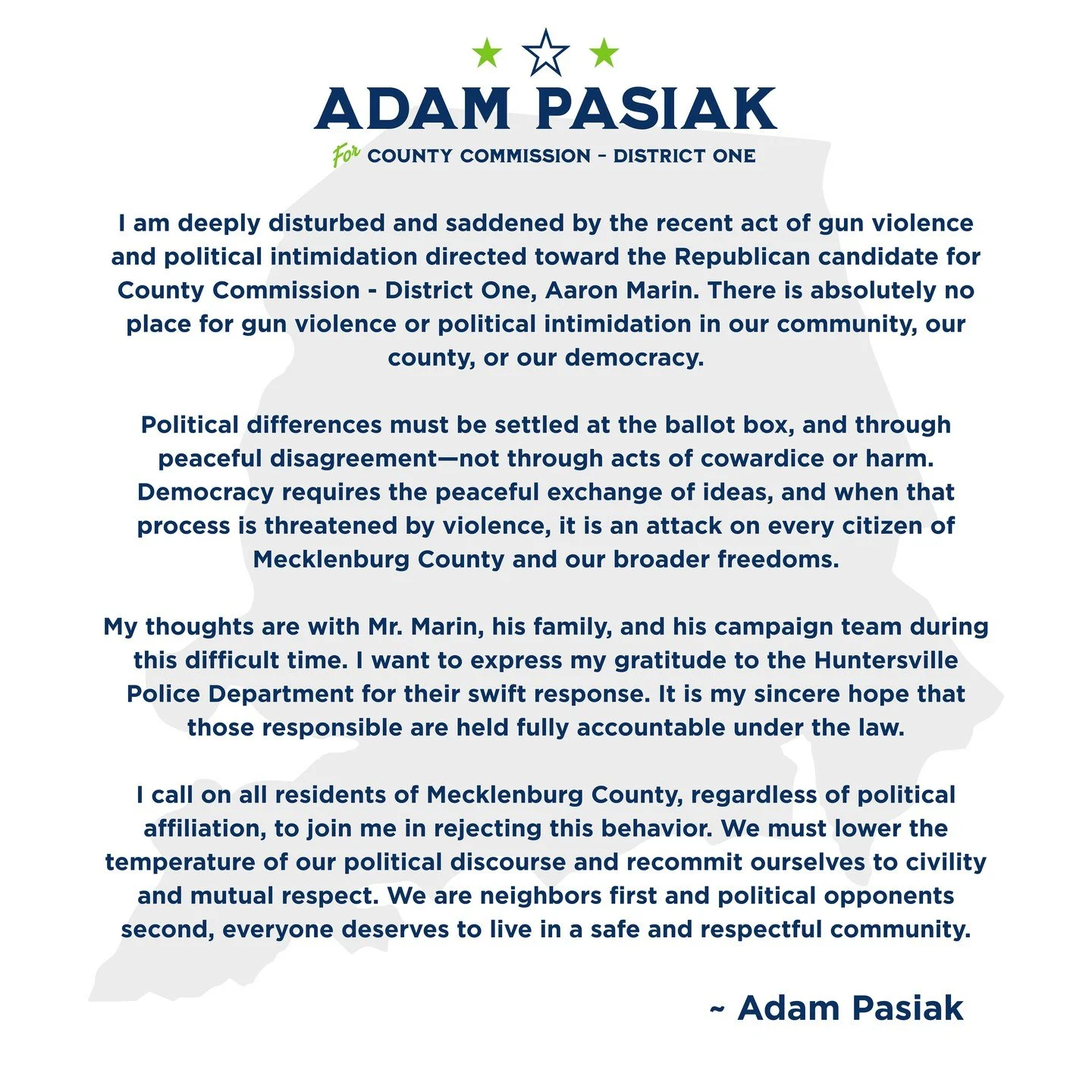 My public statement regarding the recent act of violence toward the Republican Candidate for County Commission District One