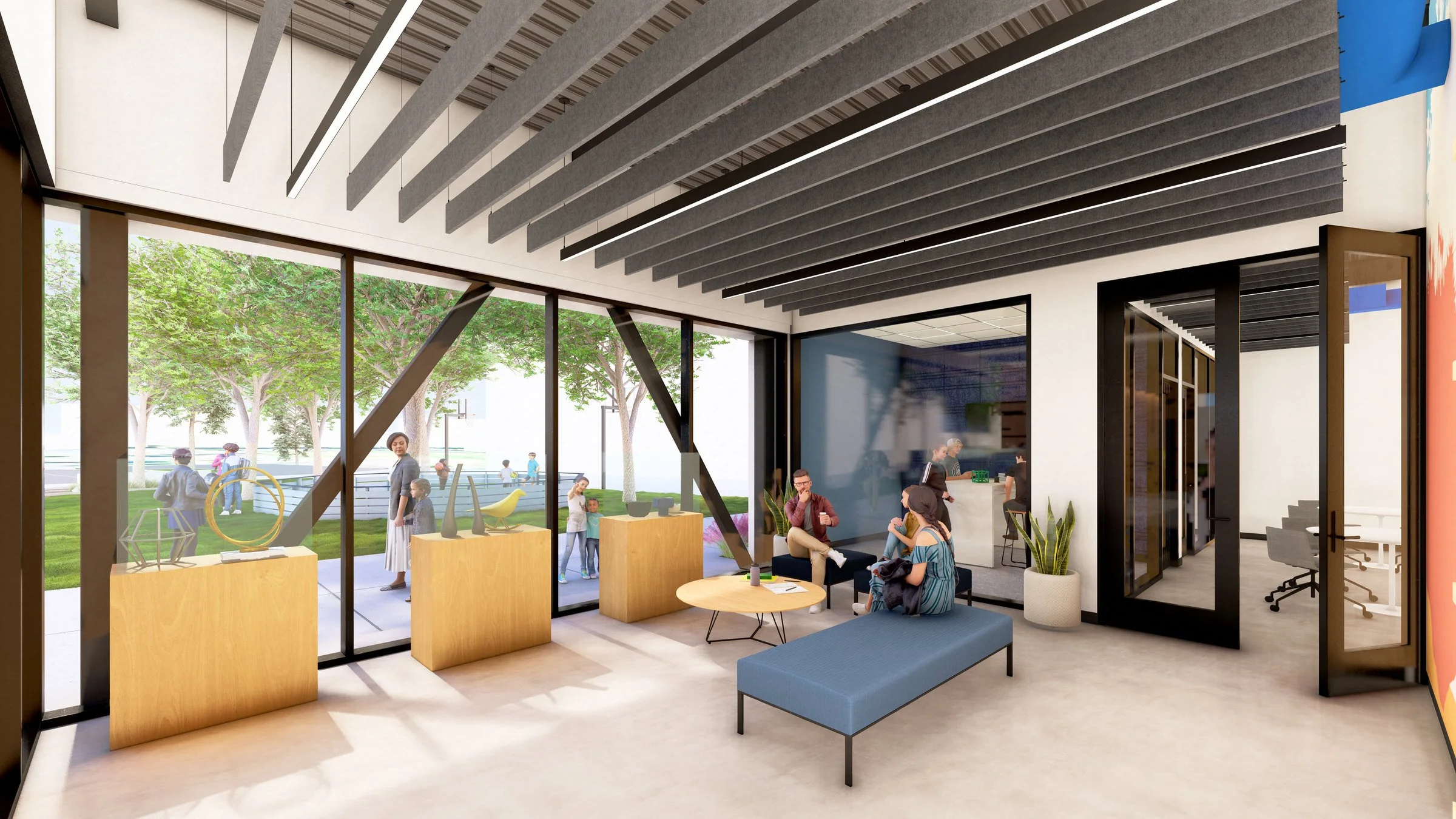 Modern gallery with seating, large windows showcasing outdoor scene with trees and people, interior design elements include benches, chairs, and potted plants.