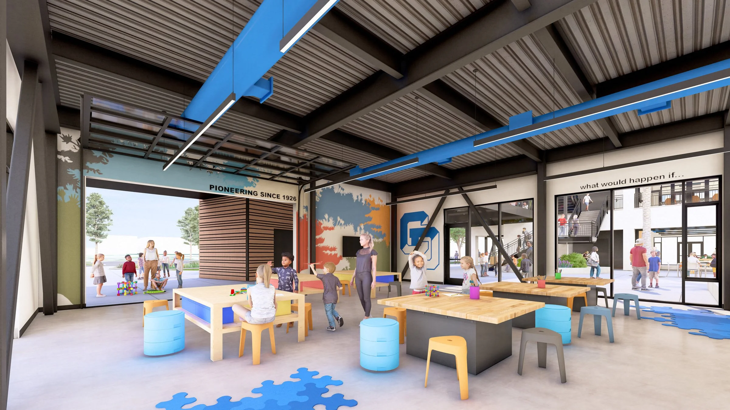 Modern classroom with children playing and learning at tables, colorful seating, and large windows, featuring creative decor and a high ceiling with exposed beams.