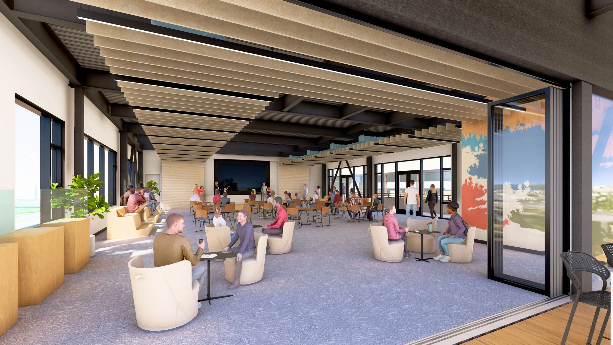 Modern open-plan community space with people, featuring seating areas, wooden accents, large windows, and decorative wall art.