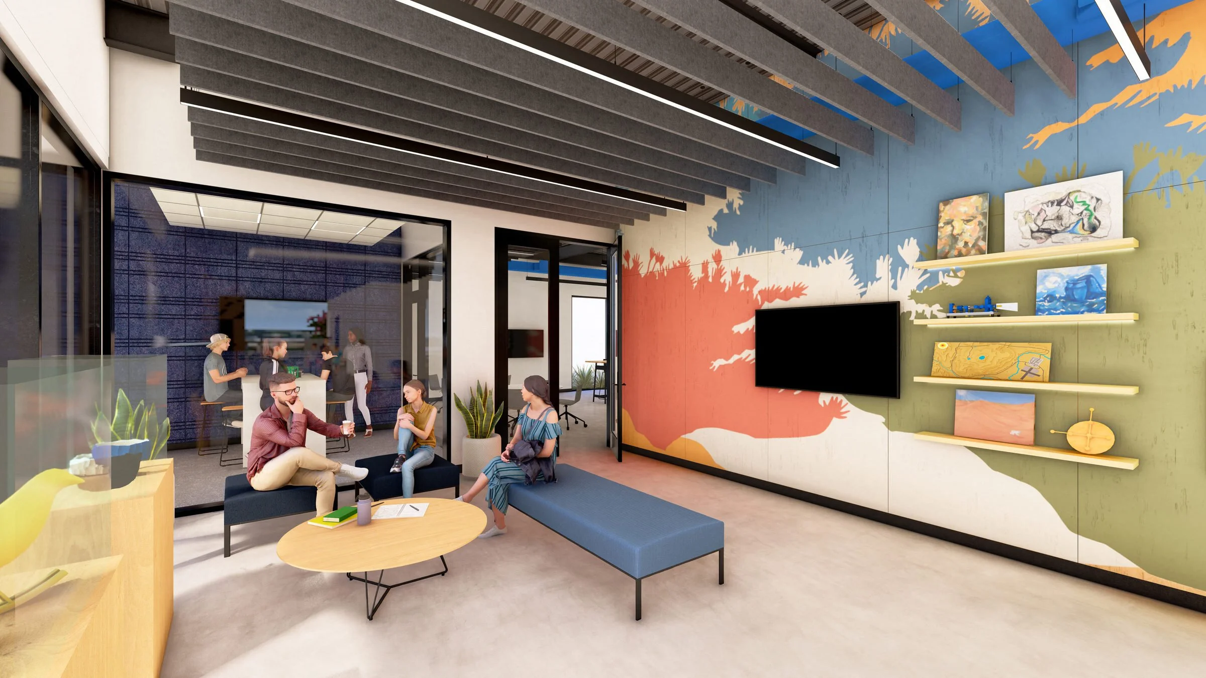 Modern gallery with people sitting on benches and chairs, colorful mural on the wall, potted plants, wall-mounted shelves, and a large TV screen.