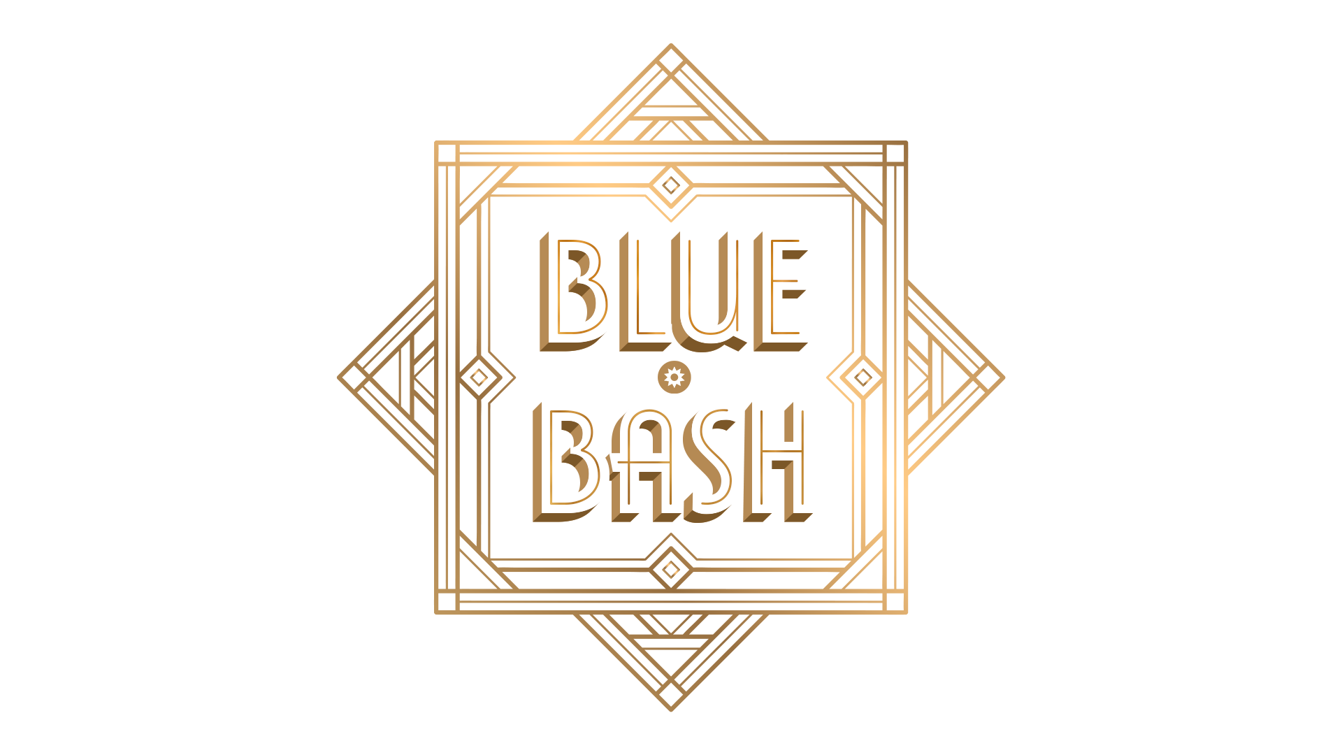 Text reading 'Blue Bash' on a tan geometric background.