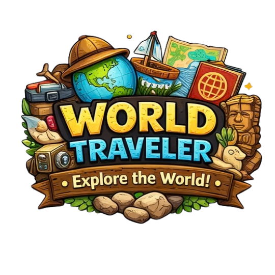 Colorful logo for 'World Traveler' with a globe, hat, sailboat, books, camera, and travel artifacts, and the slogan 'Explore the World!'