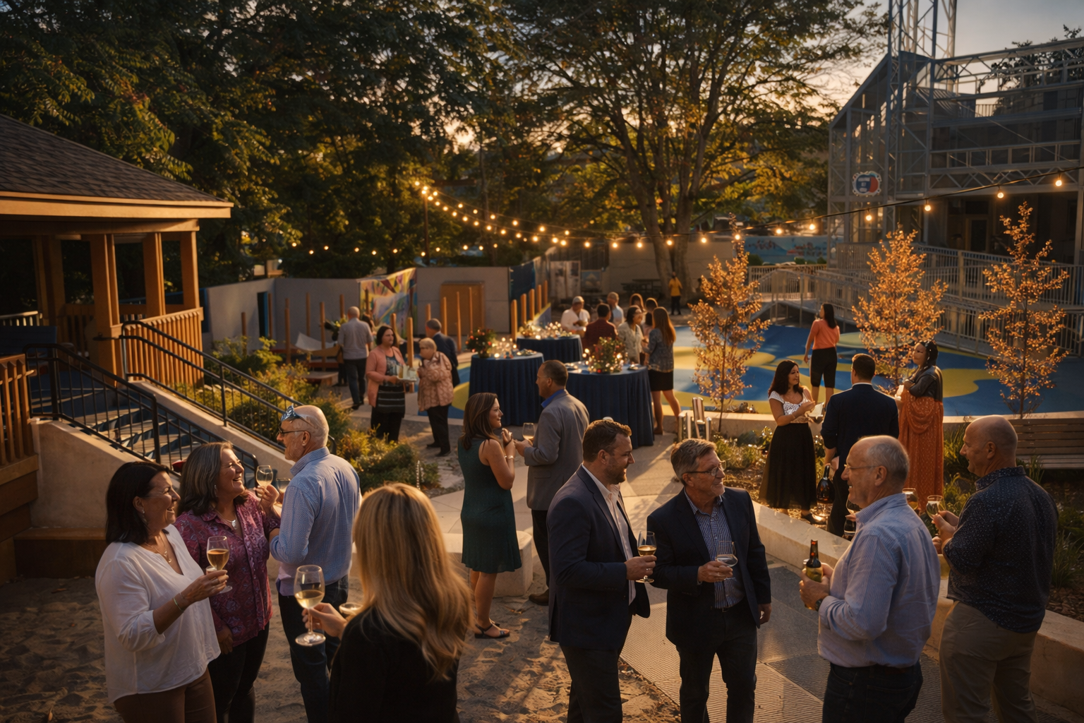 People socializing at an outdoor evening gathering with string lights, trees, and a colorful playground in the background.