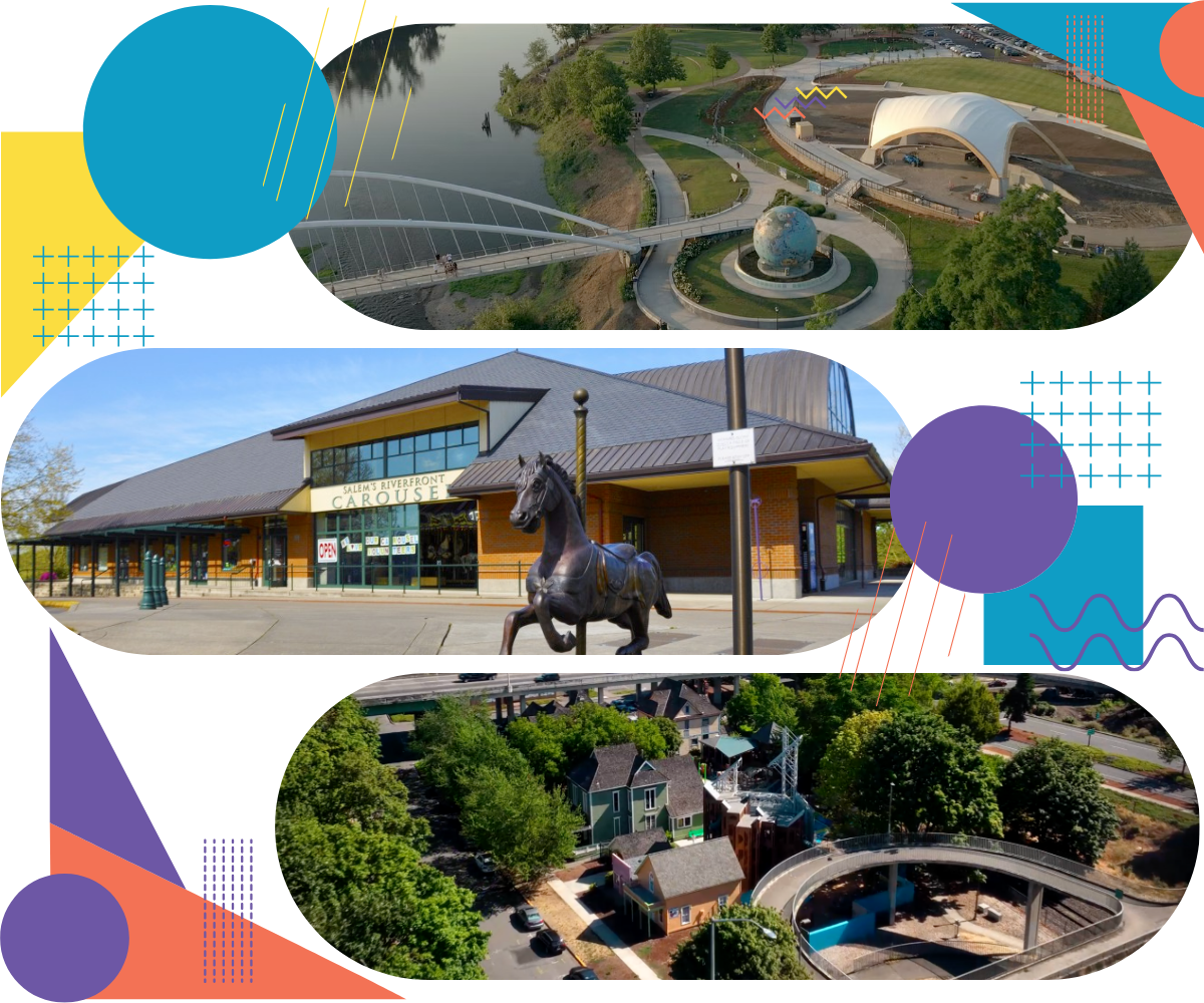 Riverfront Park Amphitheater and pedestrian bridge, highlighting the museum's proximity to the scenic park.