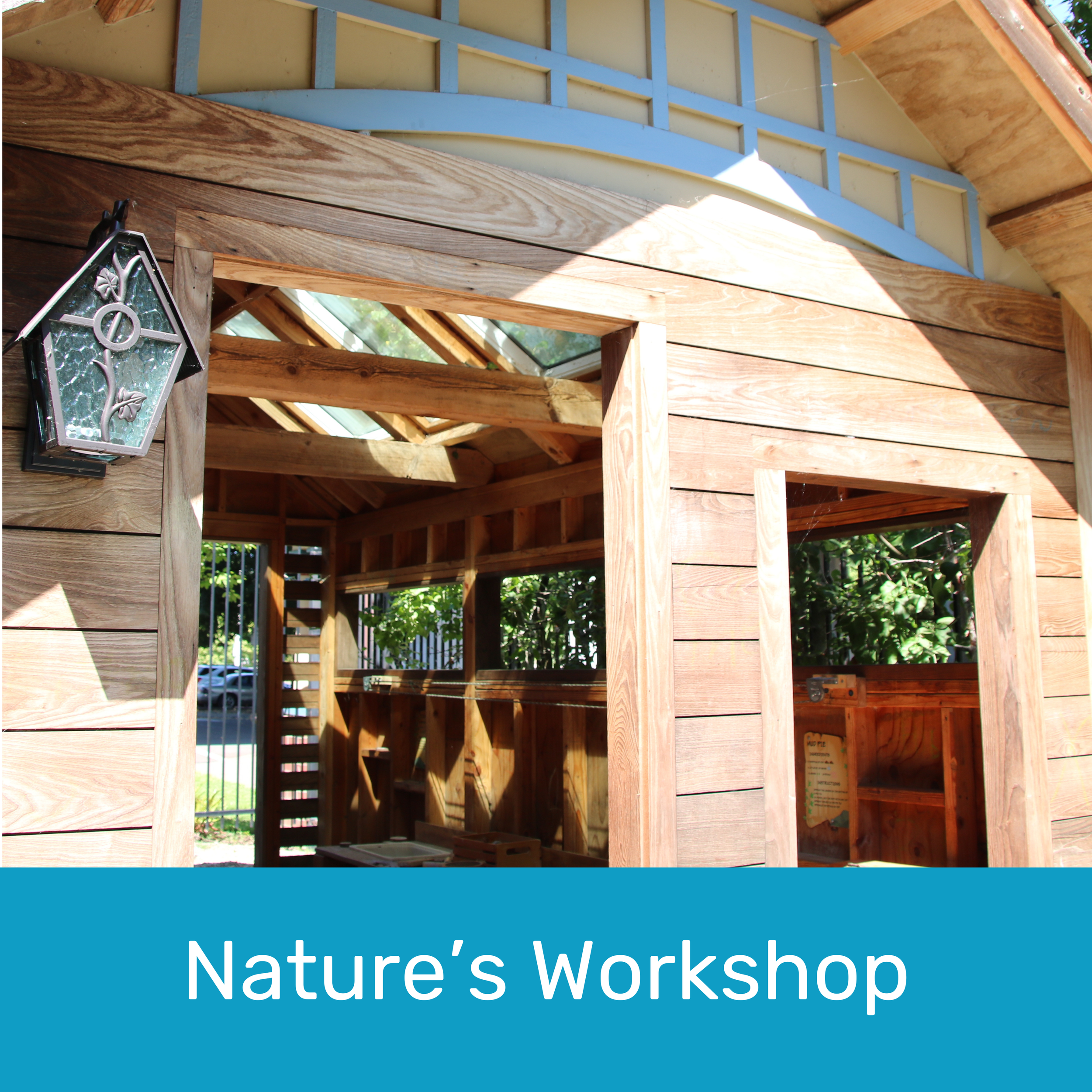 Nature's Workshop at Gilbert House Children's Museum next to Rockenfield - wooden outdoor play structure with mud kitchen, nature engineering, and discovery spaces for children