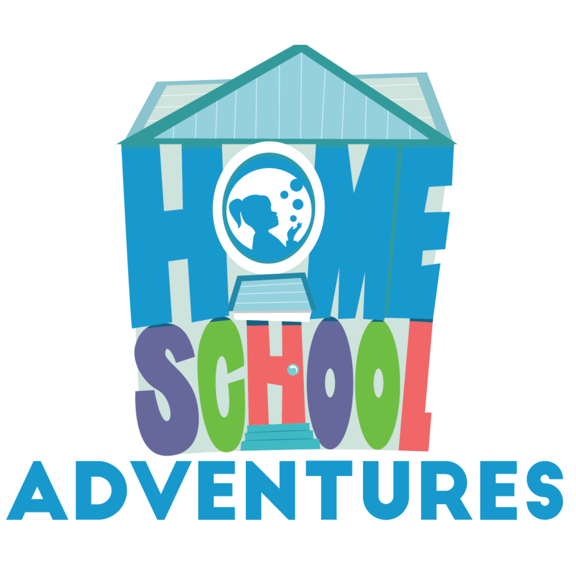 Colorful cartoon schoolhouse illustration with a “Home School Adventures" banner.
