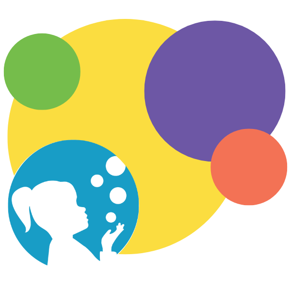 A silhouette of a young girl blowing bubbles inside a blue circle, overlaid on a large yellow circle with purple, green, and orange bubbles in the background.