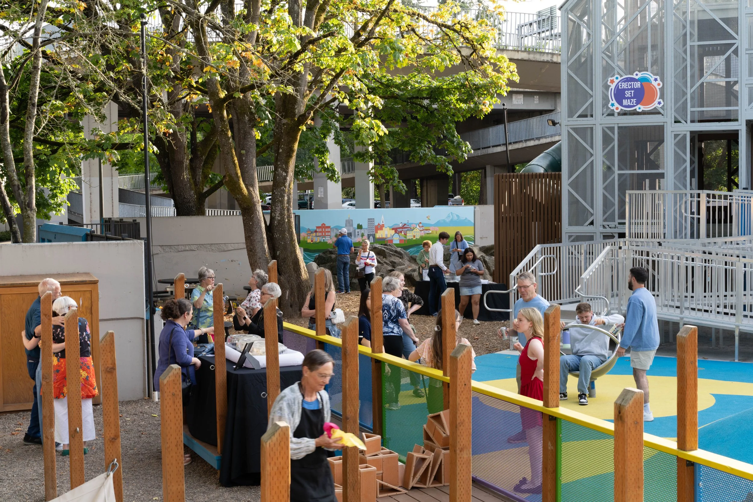 Evening view of the internship showcase event in the Outdoor Discovery Area at sunset.