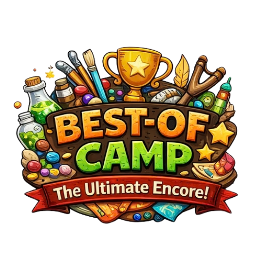 Colorful emblem with art supplies, campfire, trophy, and adventure items, reading "Best of Camp: The Ultimate Encore!"