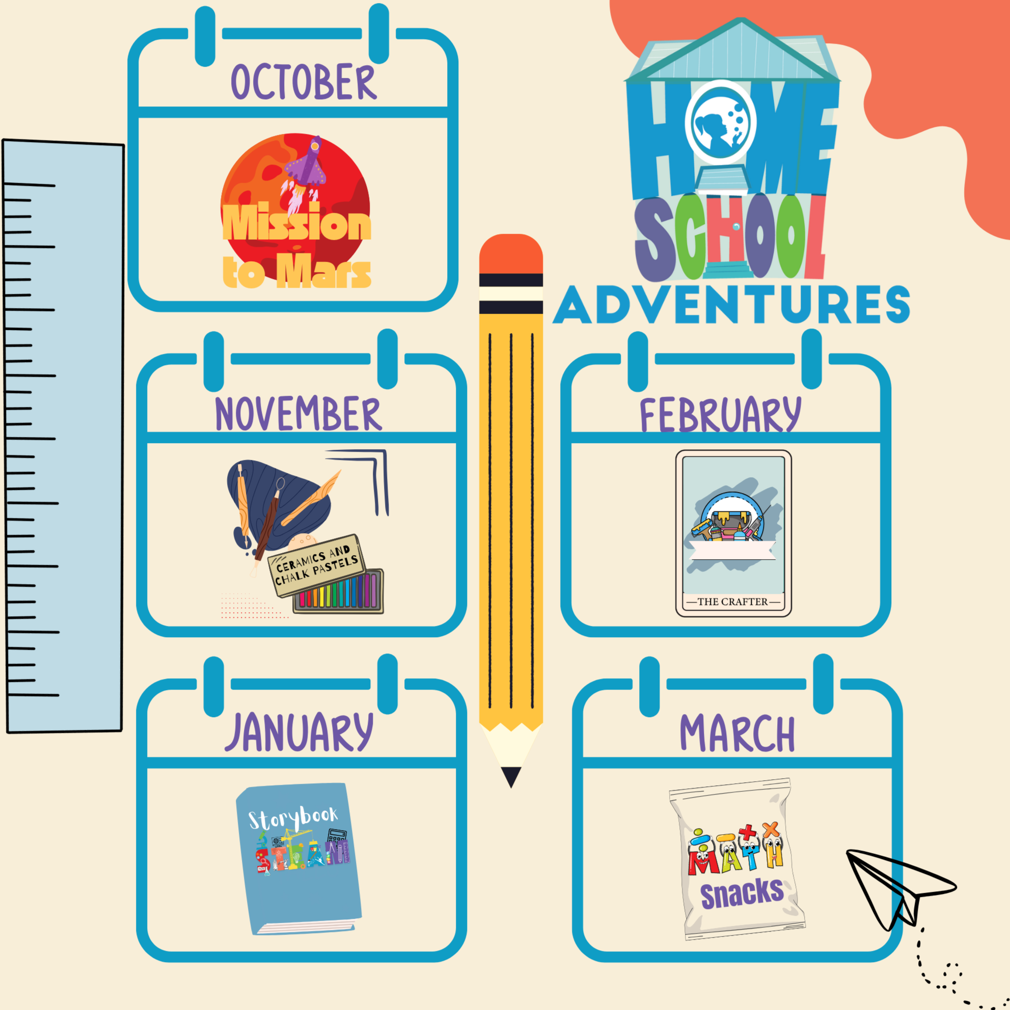 Calendar of home school adventures shows monthly programs like Mission to Mars and Storybook Play.