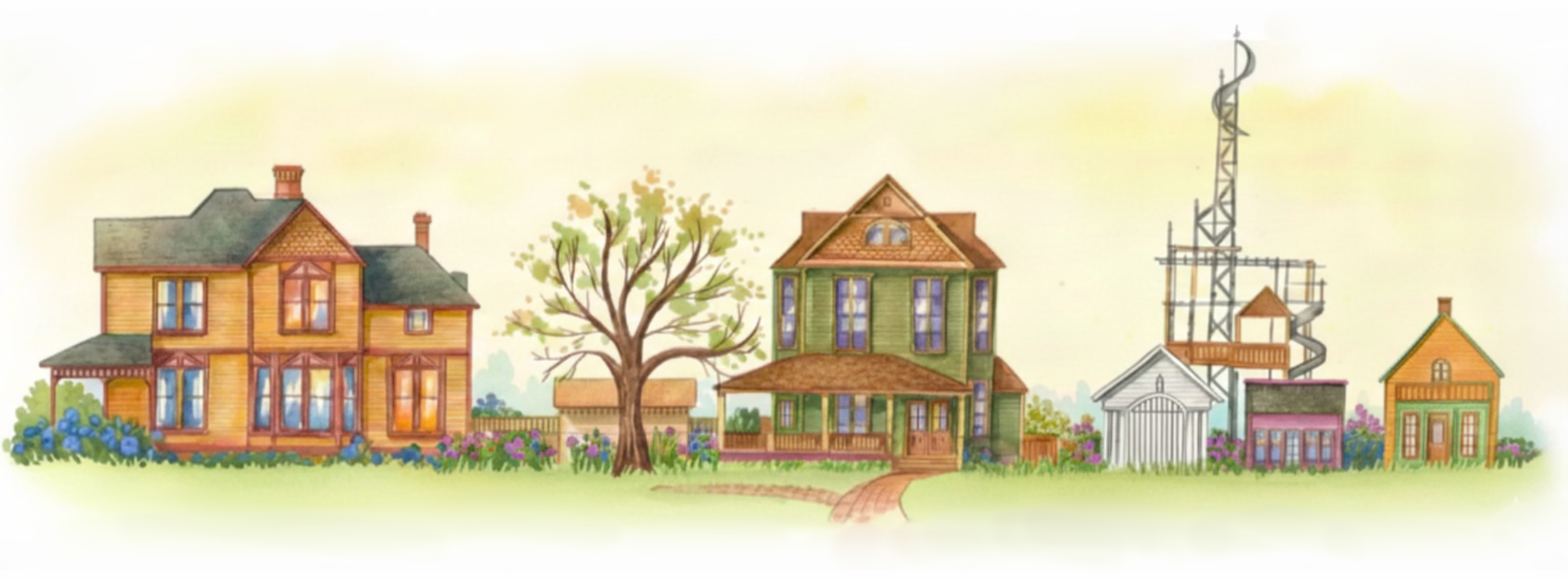 Illustration of colorful houses and buildings with a large tree and a pathway in a garden setting.