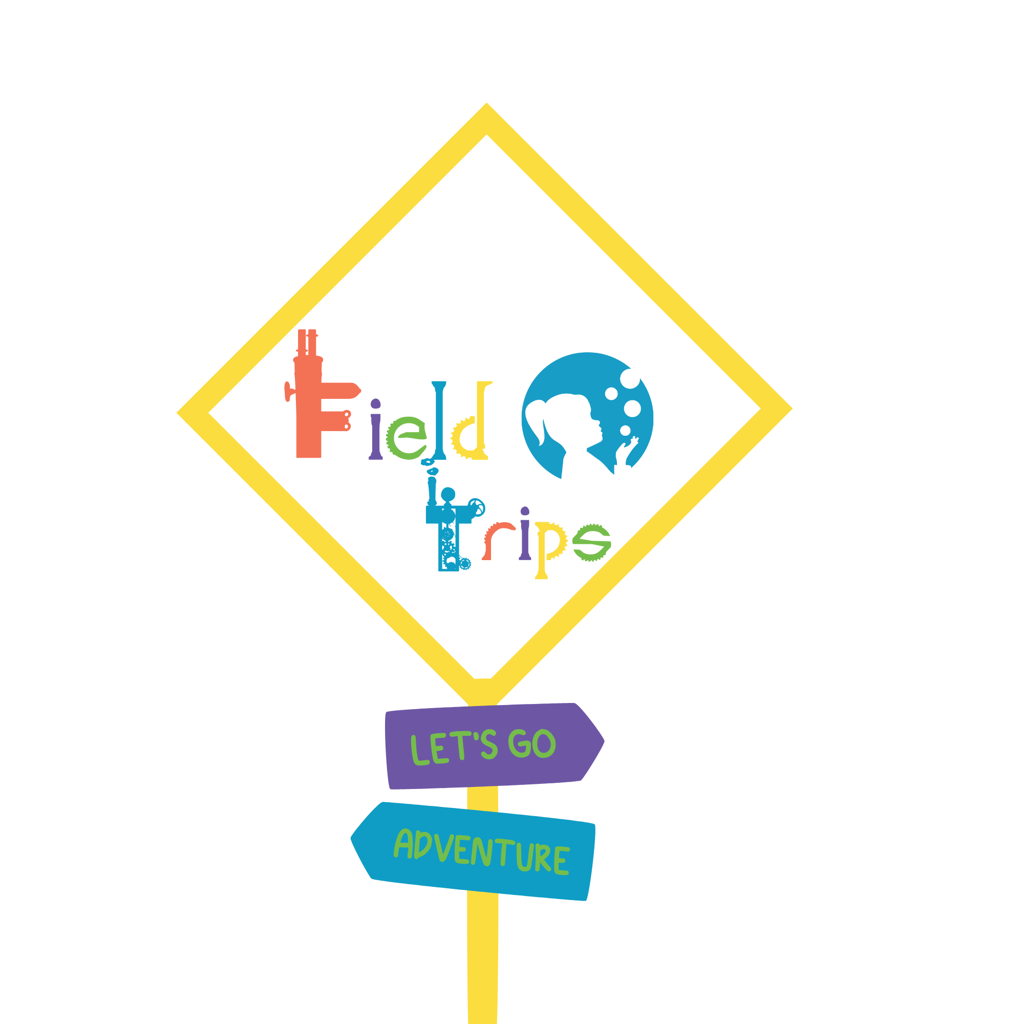 Colorful sign with a yellow border featuring 'Field Trips'. Below, purple and blue directional signs say 'Let's Go' and 'Adventure'.