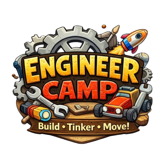 Colorful logo for 'Engineer Camp' featuring gears, a rocket, toy tools, a car, and construction items with the slogan 'Build Tinker Move!'