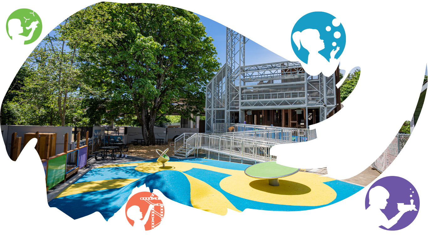 Wide shot of the museum's Discovery Area featuring blue and yellow padded flooring, accessible ramps, playground equipment, and the towering wooden and metal play structure.