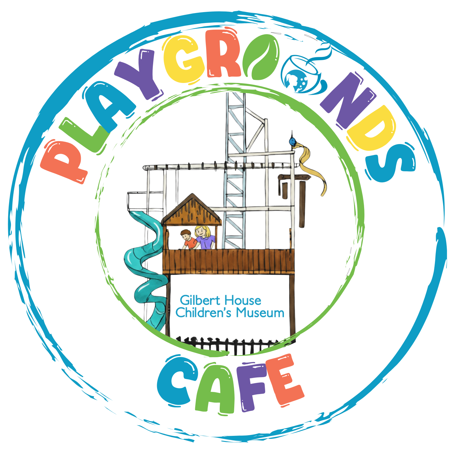 A colorful logo for the Playgrounds Cafe at Gilbert House Children's Museum featuring a playground structure with a slide, towers, and a bird, with children playing inside, and the text 'Playgrounds Cafe' around the image.