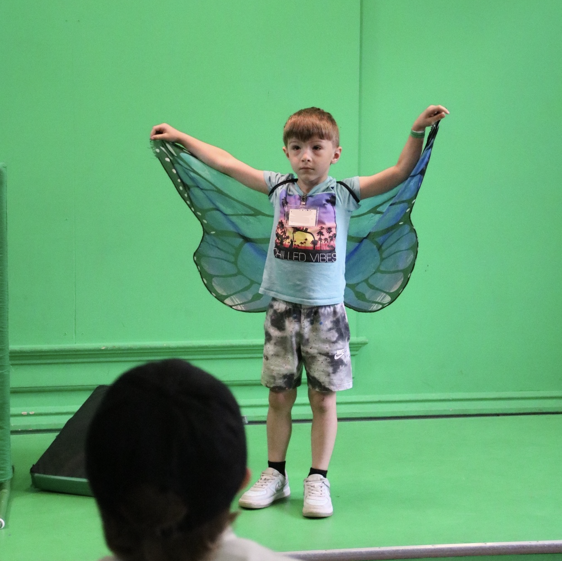 Young boy standing in front of a green screen, wearing butterfly wings and a shirt that says 'Chilled Vibes', with another child watching in the foreground.