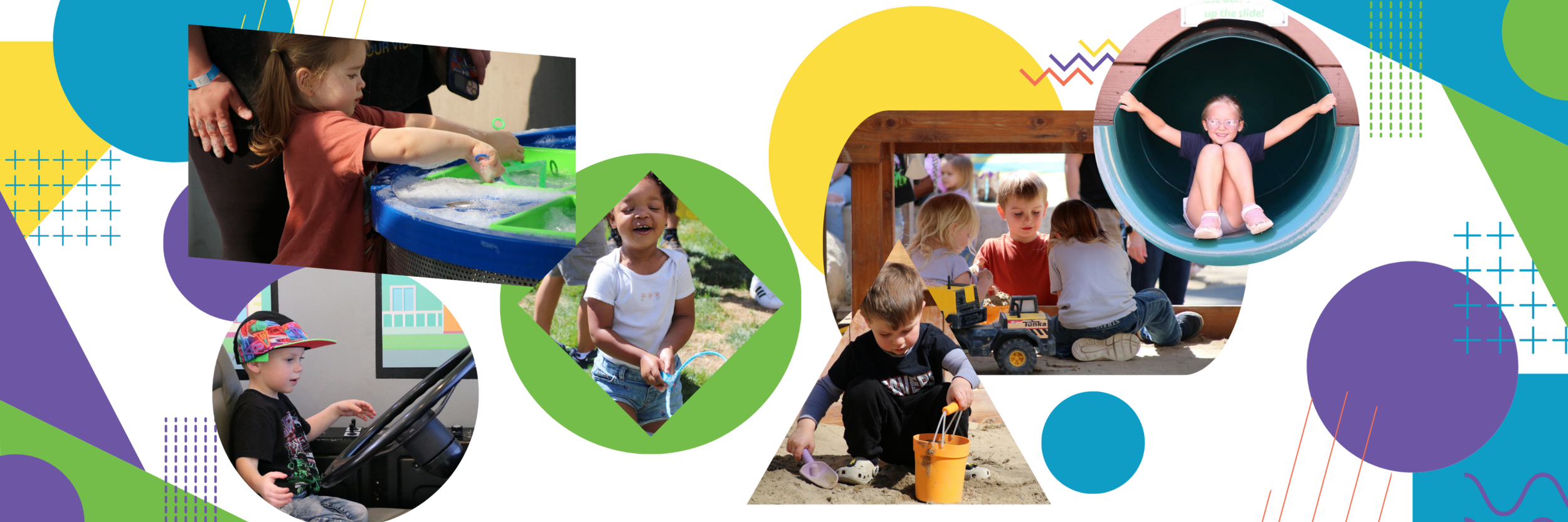 Montage of five children engaged in diverse play activities: water table sensory play, smiling outdoors, operating a construction simulator, digging in a sandbox, and sliding down a green tube slide.