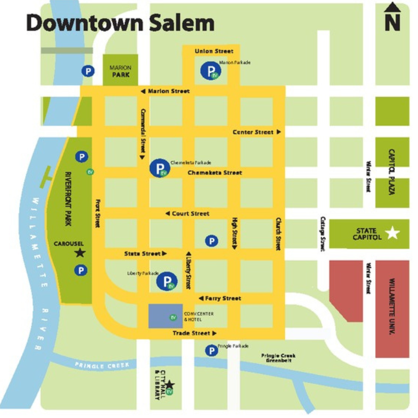 Simplified map of Downtown Salem showing streets, Riverfront Park, the State Capitol building, the Willamette River, and marked parking locations near the museum.