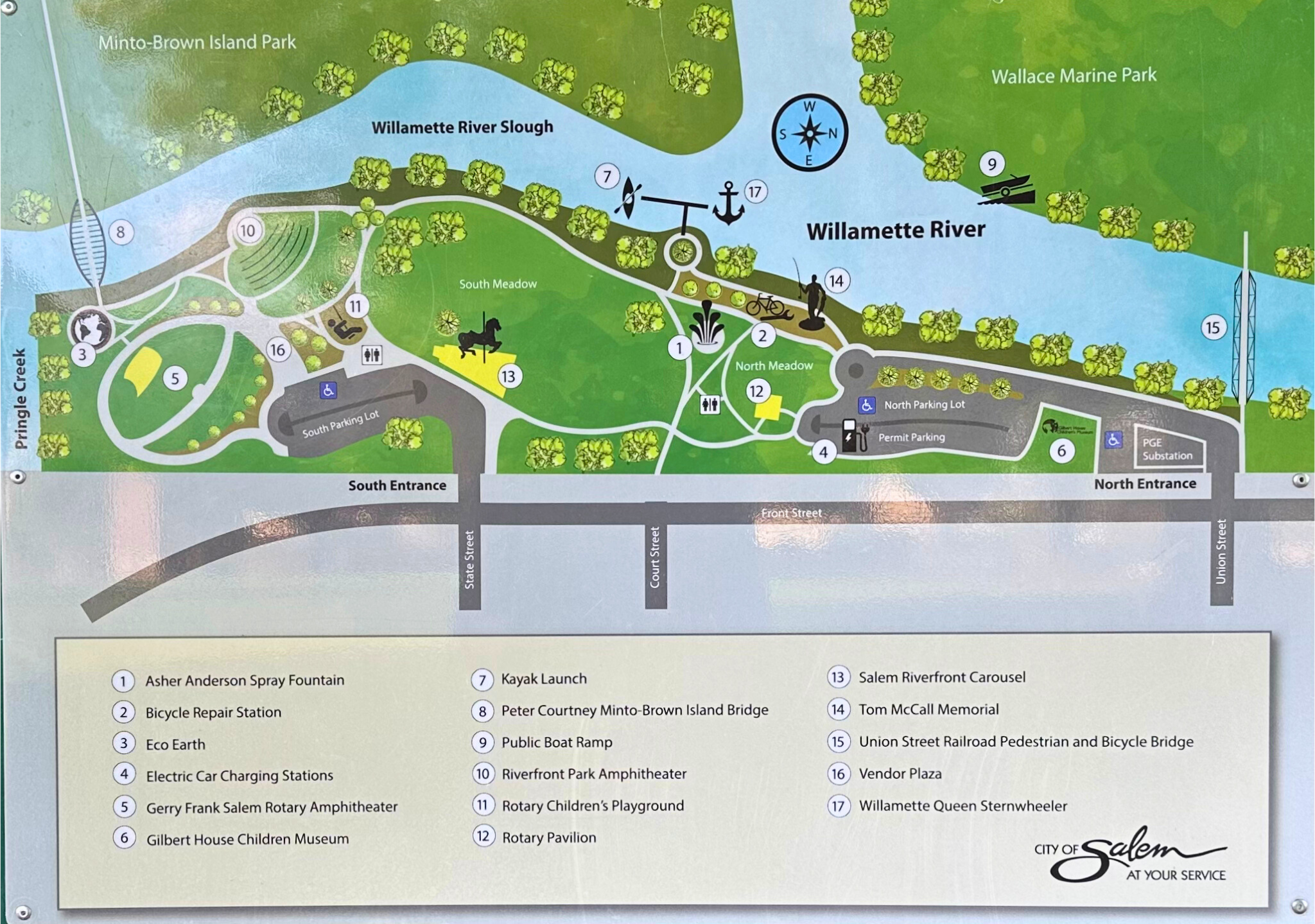 Comprehensive map of Minto-Brown Island Park highlighting walking and biking trails, parking lots, the Willamette River, and various numbered points of interest for visitors.