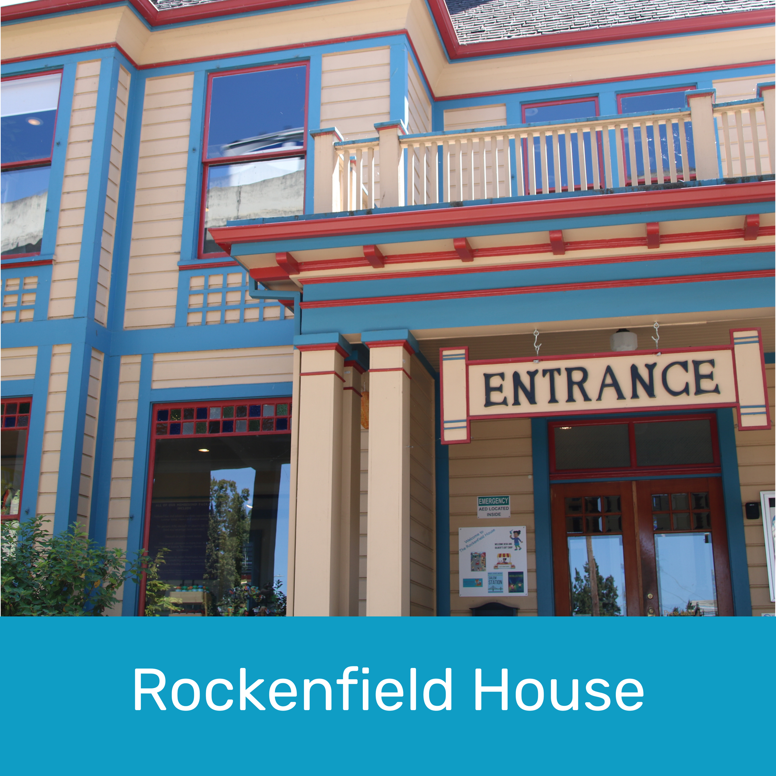 Rockenfield House entrance at Gilbert House Children's Museum featuring Airflow Alley, Salem Station with trains and vehicles, and Forest Friends exhibits for hands-on discovery play