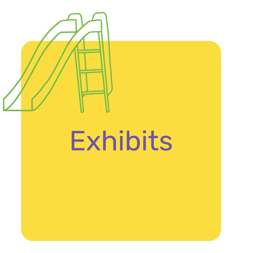 Illustration of playground slides and ladder with a yellow background and the word 'Exhibits' in purple text.
