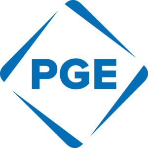PGE logo in blue with a diamond shape surrounding the letters PGE.