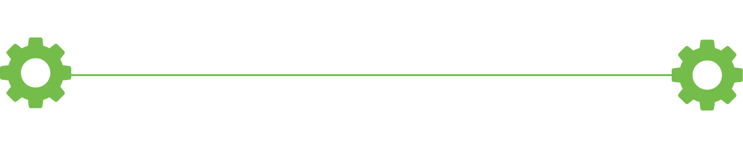 Graphic depicting two green gears connected by a horizontal line, symbolizing collaboration or connection.