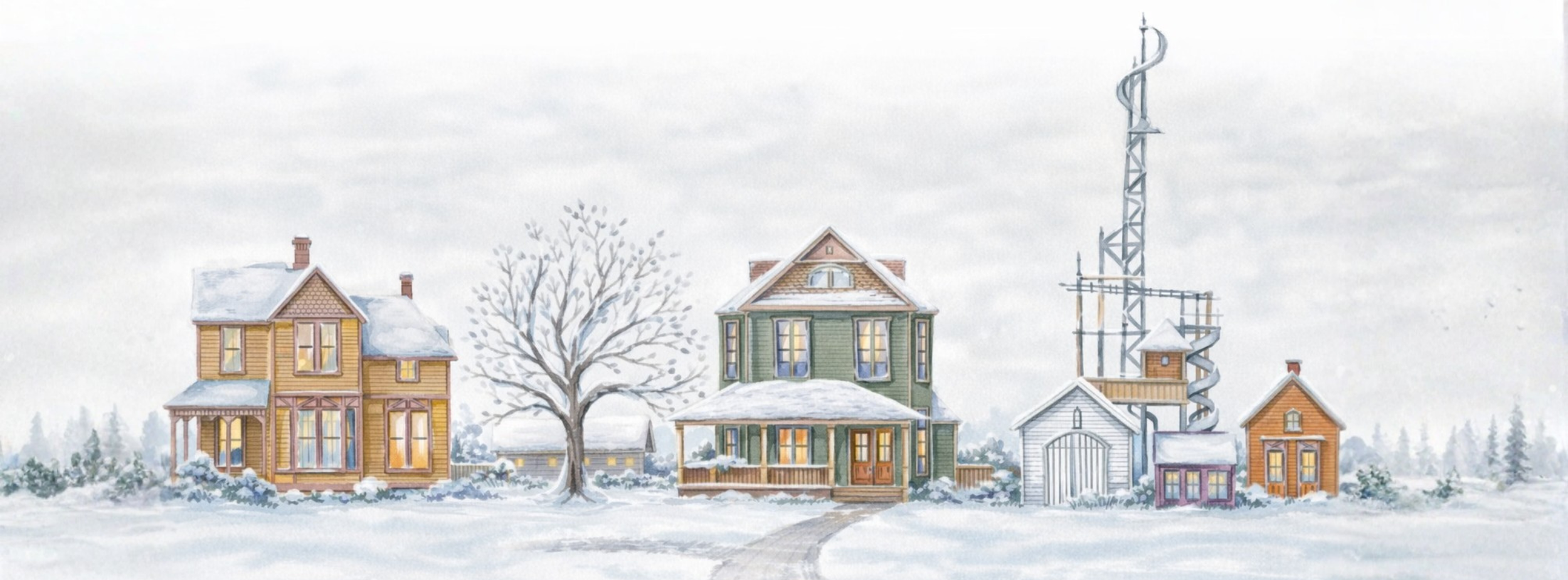 A winter scene featuring multiple houses with snow-covered roofs, a leafless tree, and a radio tower, painted in a watercolor style.