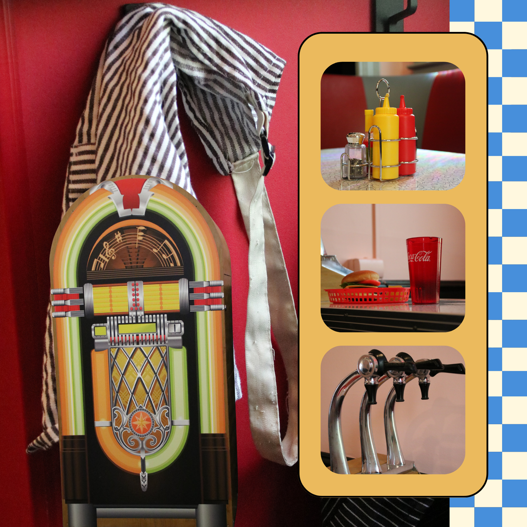 A retro-style jukebox with a striped shirt draped over a red booth. Adjacent to it is a beige panel with three smaller images: a condiment caddy with ketchup, mustard, and salt; a red Coca-Cola cup with a hot dog and tray; and a set of beer tap handles.
