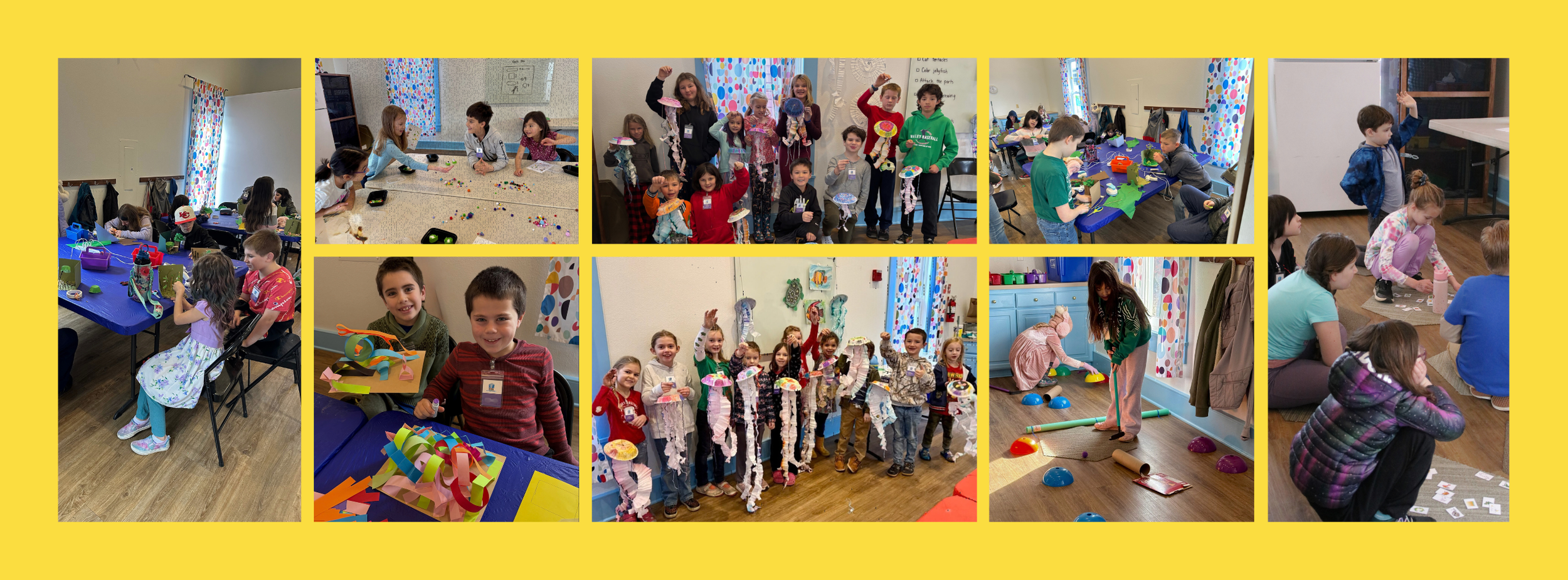 Children engaged in arts and crafts activities, playing with paper chains, puppets, and game sets in a classroom decorated with colorful polka dot curtains, with some children posing with handmade puppets and paper crafts.