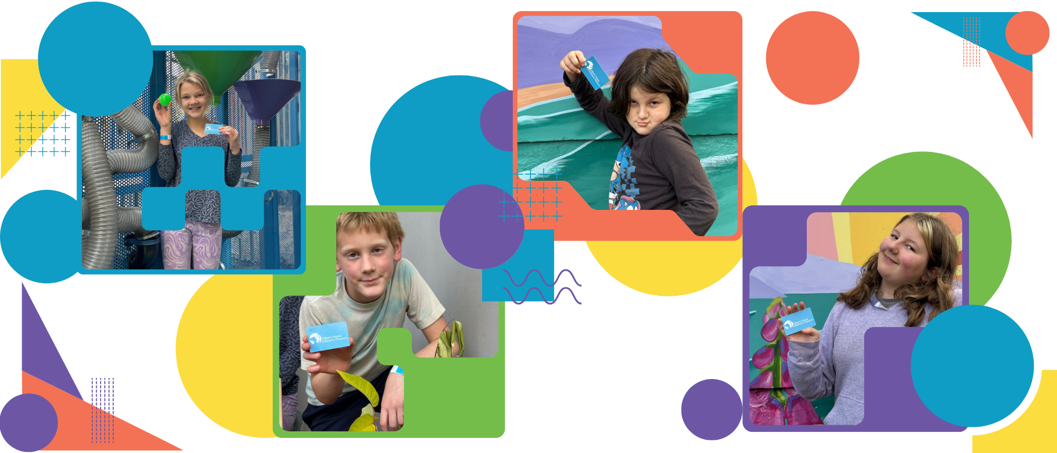A colorful collage of four children smiling and posing with blue Gilbert House Children's Museum gift cards in front of various outdoor exhibits and vibrant outdoor murals.