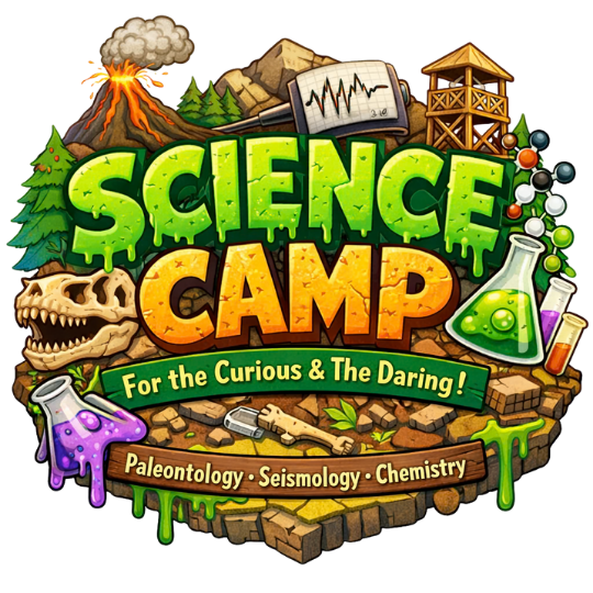 Colorful illustration promoting Science Camp with elements like volcano, mountains, atomic structure, beaker, sketched skull, and science tools, emphasizing curiosity and daring exploration in paleontology, seismology, and chemistry.