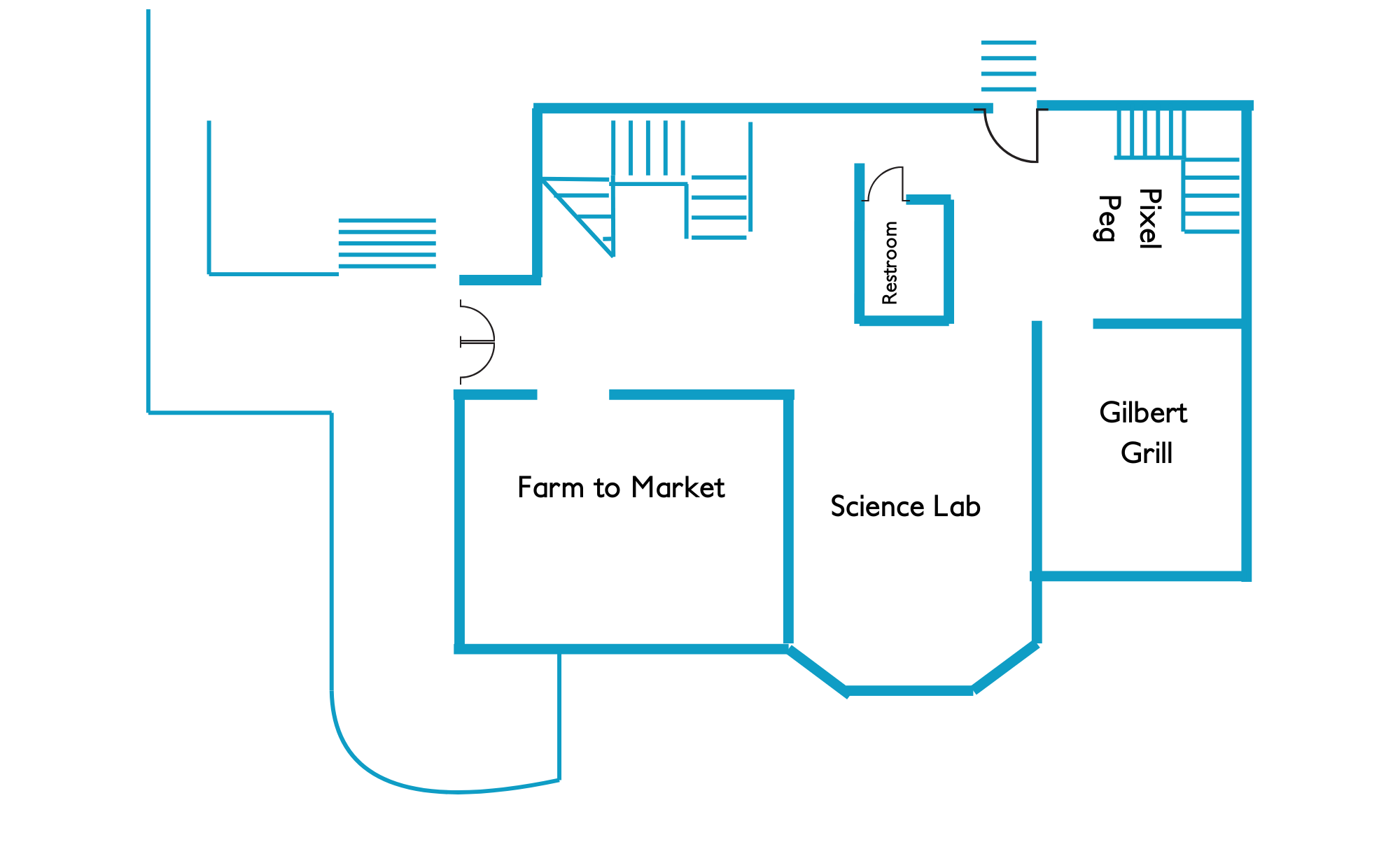 Floor plan for Gilbert House Floor 1 featuring the Farm to Market grocery role-play area, Science Lab, Gilbert Grill, and Peg Pixel art exhibit.