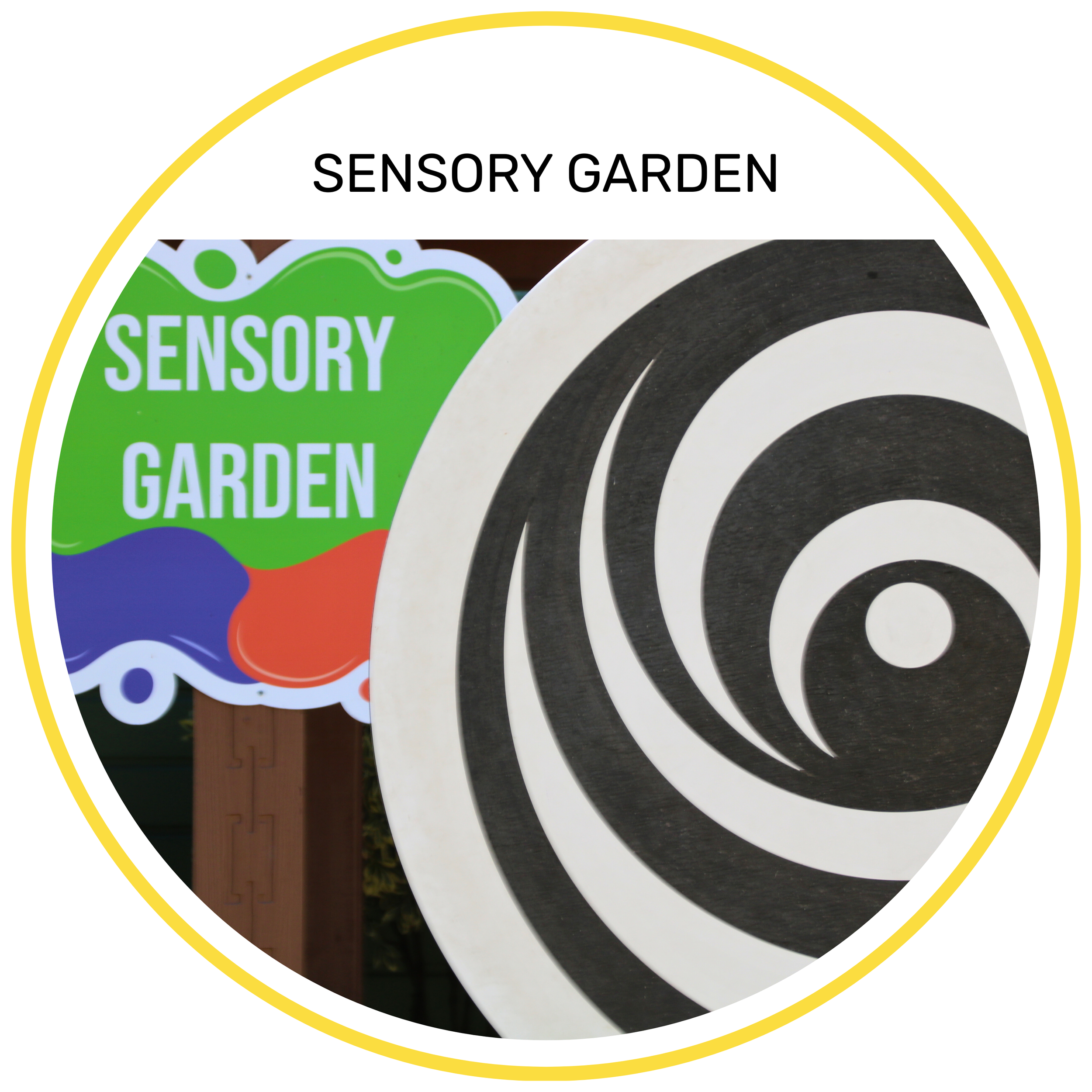 Sign for a sensory garden featuring a black and white spiral design in the foreground and a colorful sign with green, blue, and red elements in the background.